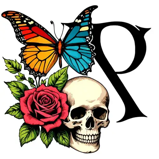 Virgo symbol with a butterfly, skull, and rose tattoo design idea