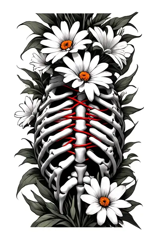 pinky promise, rib cage, red string connecting pinky fingers, daisies and lilies, faith, God tattoo design idea