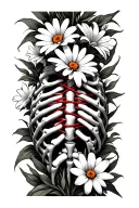 pinky promise, rib cage, red string connecting pinky fingers, daisies and lilies, faith, God tattoo design idea