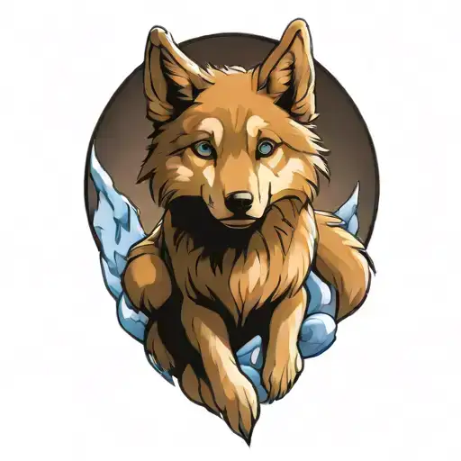 happy wolf puppy with blue eyes surrounded tattoo design idea