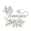 the name Jennifer with a thin and cursive font with the r followed with a rose and two petals in the stem tattoo design idea