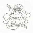 the name Jennifer with a thin and cursive font with the r followed with a rose and two petals in the stem tattoo design idea