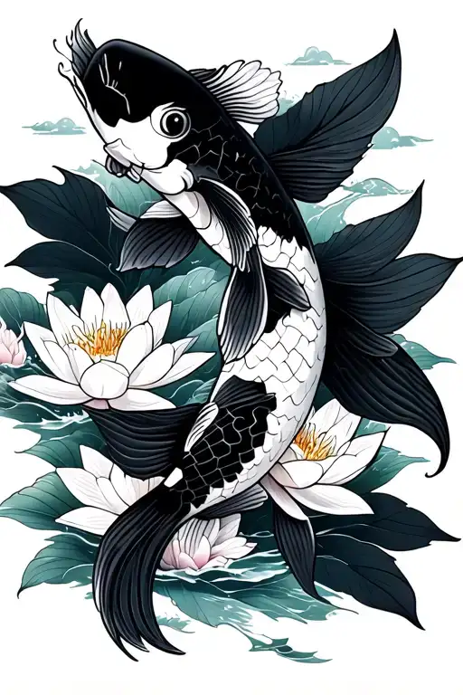 black and white koi swimming up with sakura and lotus flowers blooming tattoo design idea