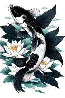 black and white koi swimming up with sakura and lotus flowers blooming tattoo design idea