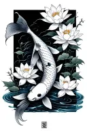 black and white koi swimming up with sakura and lotus flowers blooming tattoo design idea