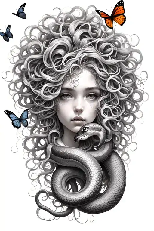 medusa snake hair surrounded by butterflies fluttering tattoo design idea