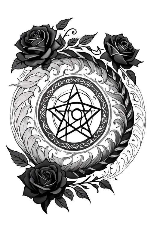 gothic spiral with pagan symbols like pentagram, black roses and others witchery stuf tattoo design idea