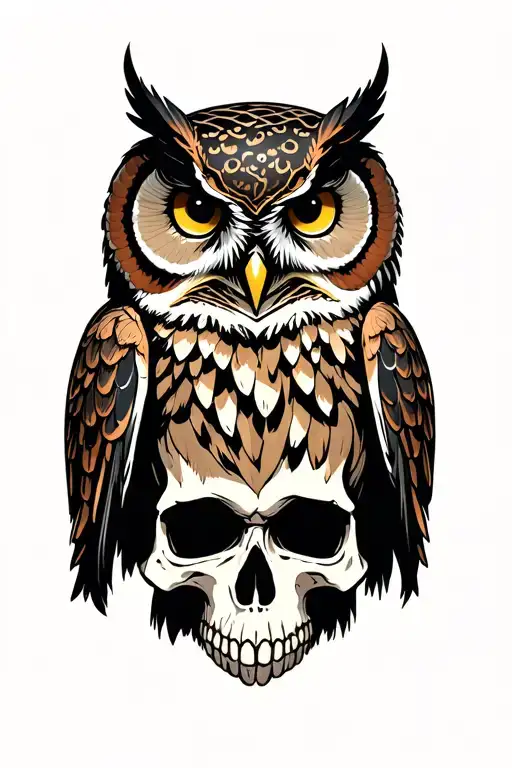 owl on skull surrounded tattoo design idea