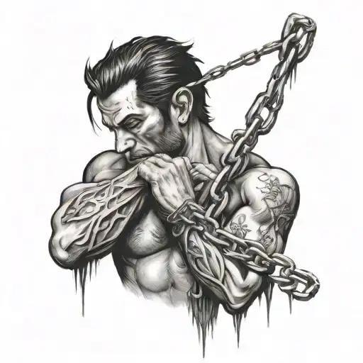 Lucifer falls but is held by chains held by a man on the other side of the arm who struggles and weeps tattoo design idea