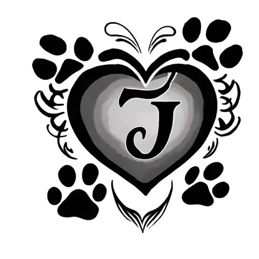 j incased in a heart with 7 paw prints around  tattoo design idea