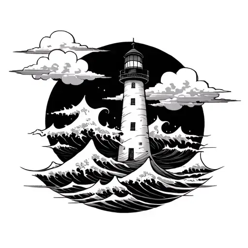 make a traditional lighthouse with waves behind it hitting a Japanese cloud all in black line design tattoo design idea