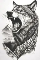 growling wolf face and realistic rocky mountains inside tattoo design idea