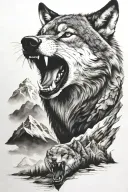 growling wolf face and realistic rocky mountains inside tattoo design idea