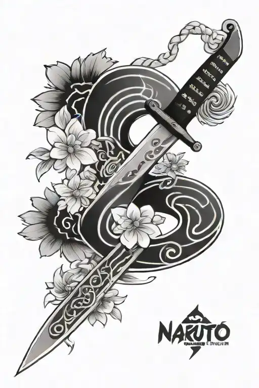 Naruto symbols , Japanese style , Japanese blossoms , flowers and petals , kunai ninja knife, smoke , spiral  tattoo design idea