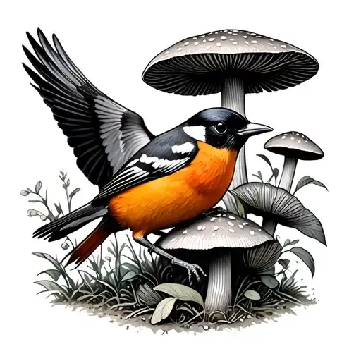 Baltimore oriole bird flying morel mushrooms growing tattoo design idea