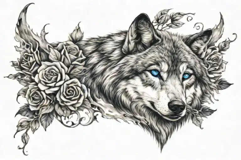 wolf with bright baby blue eyes surrounded by roses and fire tattoo design idea