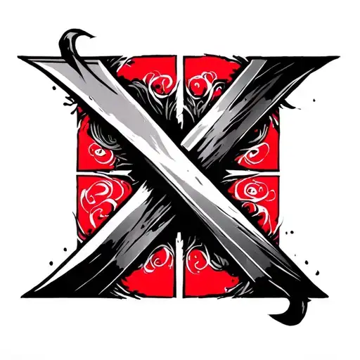“XOXO in flowing cursive, pierced by a slender sword through the center X‑X, minimalist fine‑line style, subtle red ink  tattoo design idea