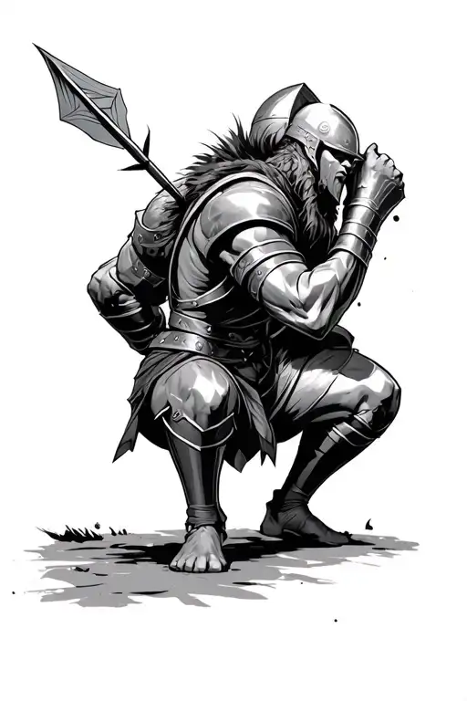 a knight doing a squat with a lot of weight on is back and has an arrow stuck in his chest  tattoo design idea