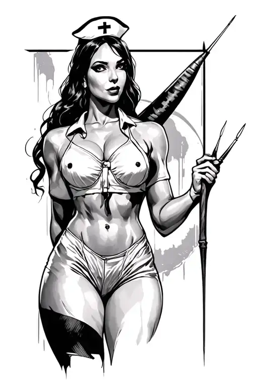 sexy nurse holding needle with bat in background black tattoo design idea