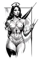 sexy nurse holding needle with bat in background black tattoo design idea