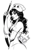 sexy nurse holding needle with bat in background black tattoo design idea