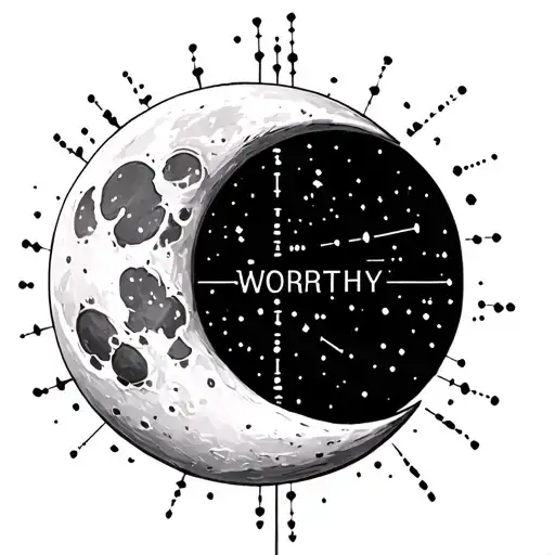 cresent moon. with morse code WORTHY conecting the points of the cresent moon. only outline of moon, nothing inside it tattoo design idea