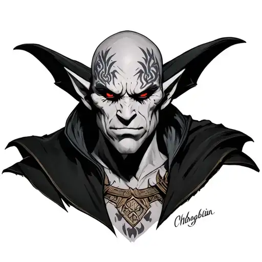 Hobgoblin from D&D with pale white skin and a bald head tattoo design idea