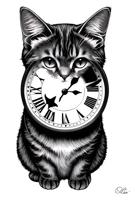 clock moon cat tattoo design idea