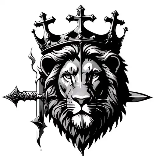 Lion and Jesus christ with crown with cross in the lions eye and a sword spliting both tattoo design idea