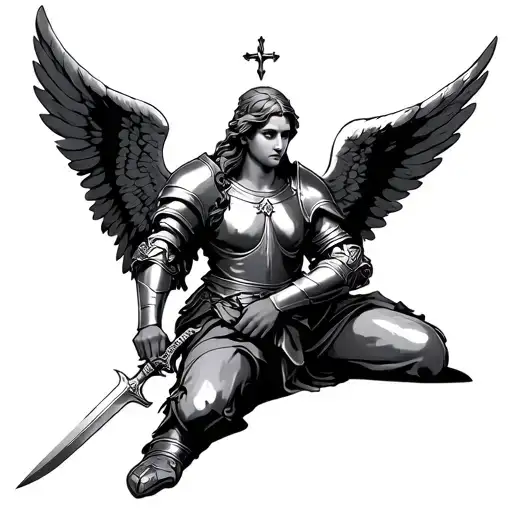 Holy angel kneeling in armor holding a sword tattoo design idea