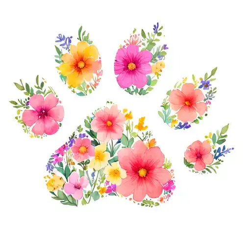 paw print outline made with multiple types of small flowers. include stems and leaves to form the paw print outline  tattoo design idea