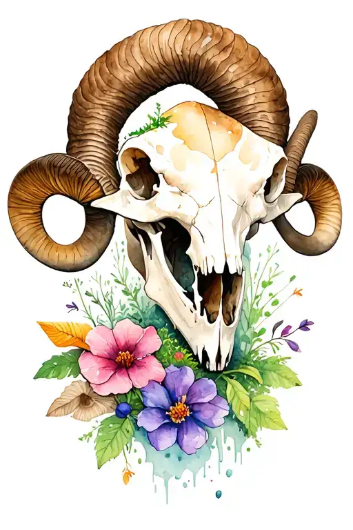 ram skull breaking down into nature taking over,  moss mushrooms, and flowers, empath, enjoy the little things,  tattoo design idea