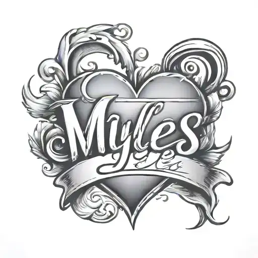 script font name Myles inside a heart tattoo design idea