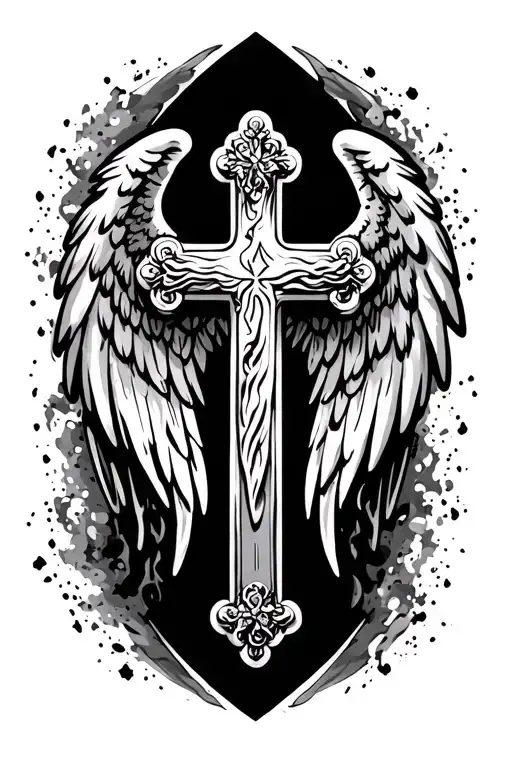 christian cross with angel wings tattoo design idea