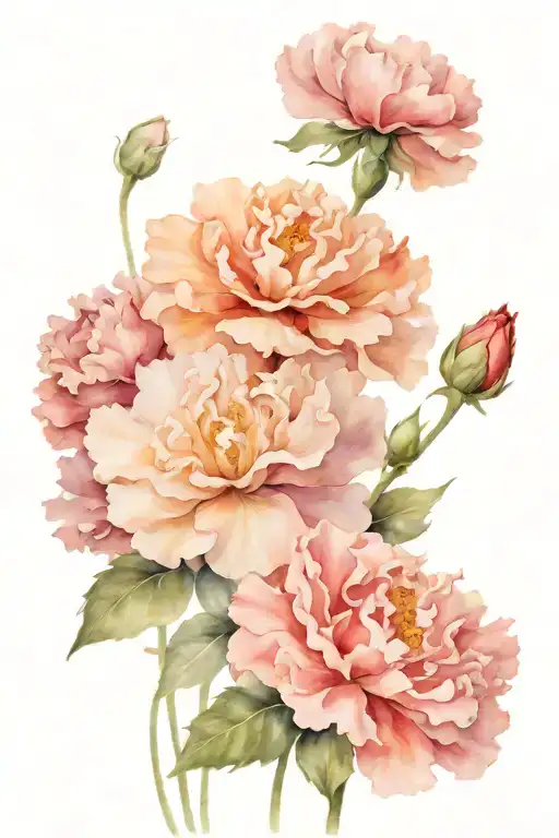 carnation flower, primrose flower, rose flower, poppy flower, all on stem  tattoo design idea