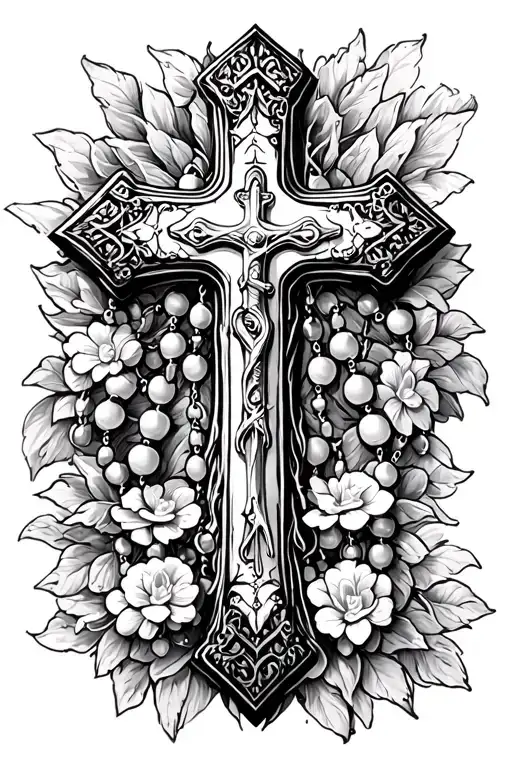 cross with rosary beads tattoo design idea