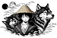 2 wolves surrounding luffy straw hat  + japanese style background and japanese cloud and moon, drawing anime style tattoo design idea