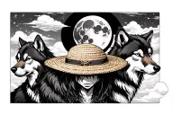 2 wolves surrounding luffy straw hat  + japanese style background and japanese cloud and moon, drawing anime style tattoo design idea