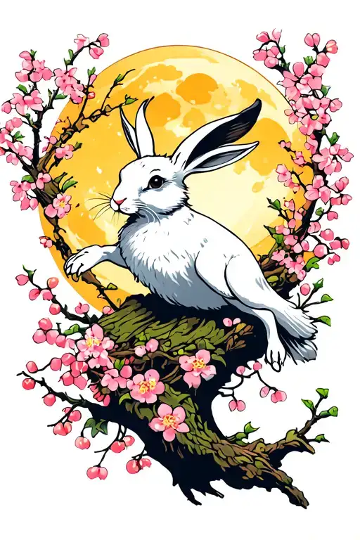 a white hare leaping with cherry blossoms around it and a yellow full moon behind its head tattoo design idea