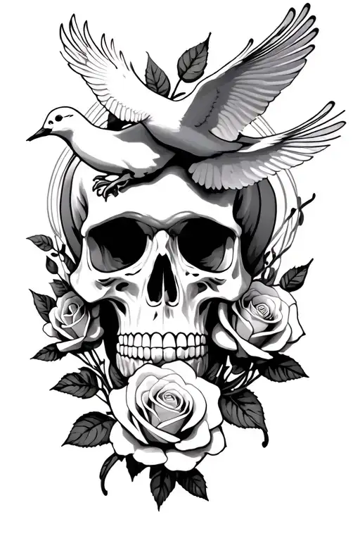 skull roses doves tattoo design idea