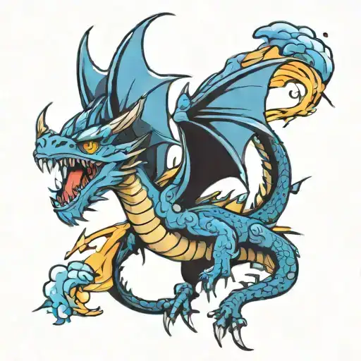 dragon with birds flying and lightnings tattoo design idea