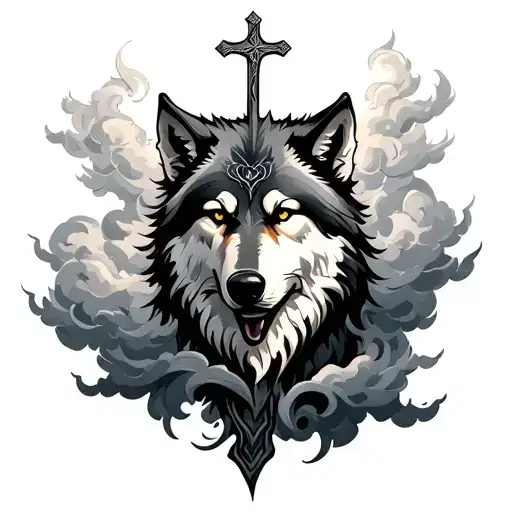 god wolf clouds with a cross  tattoo design idea
