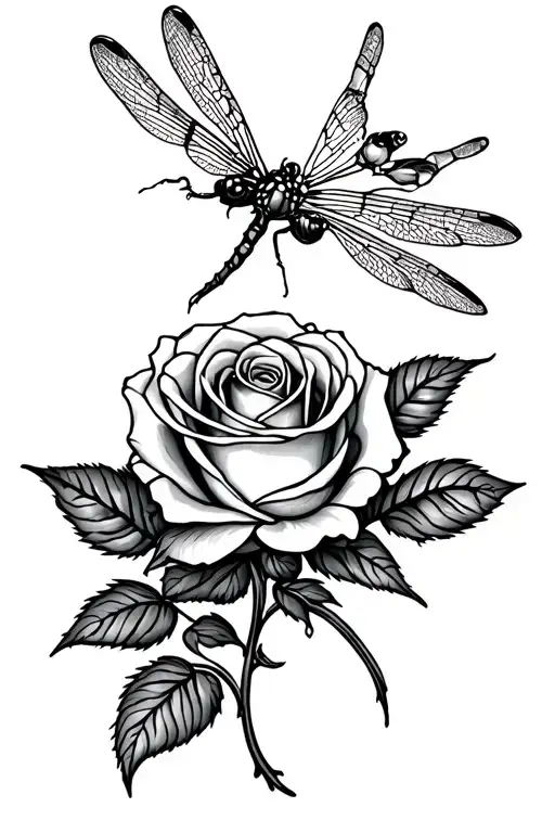 rose with dragonfly fine line tattoo design idea