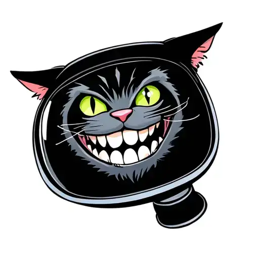 cheshire cat smile and eyes inside emergency glass with black background tattoo design idea