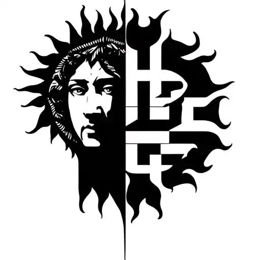 the sun from the Uruguayan flag with the face and the Greek meander in the inside in between the face and the flames tattoo design idea