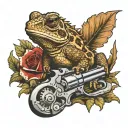 horny toad lying next to a revolver   tattoo design idea