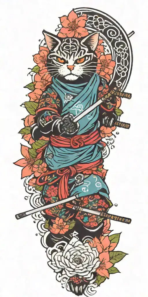 ninja cat holding katana, helmet, water, waves, lotus, sakura, clouds, whirlpool, leaves tattoo design idea