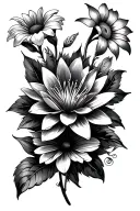 floral design incorporating elements of a lily, water lily, cosmos, sunflower, daffodil, peony and morning glory tattoo design idea