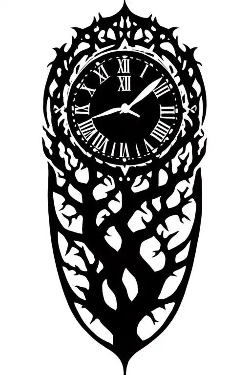 roman numerals clock broken tree branches intertwined tattoo design idea