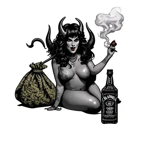 devil woman full body smoking cigerette holding a weed pipe and bag of weed with a jack Daniel's bottle  tattoo design idea